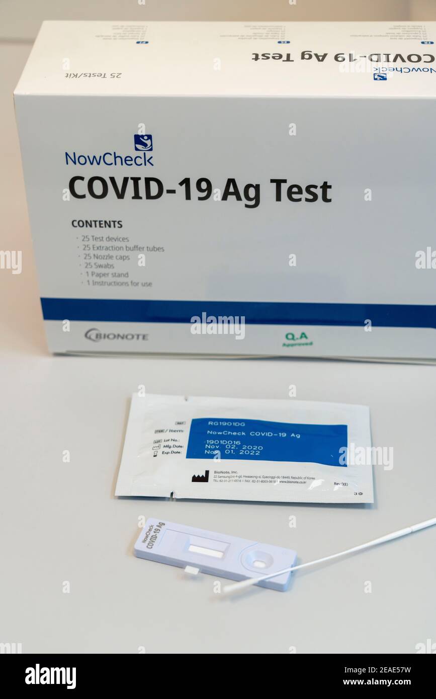 Test rapido Covid-19, test antigenico, l'abrasione del tampone viene sciolta in un liquido e applicata al dispositivo di prova, dopo pochi minuti il test devi Foto Stock