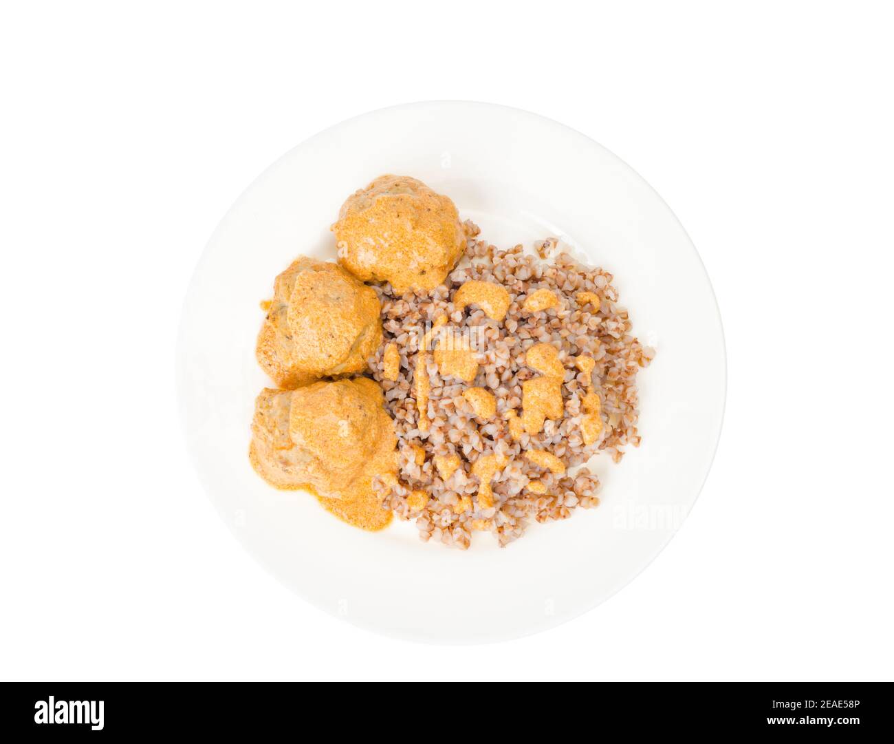 Polpette in salsa con guarnitura di grano saraceno. Studio foto Foto Stock