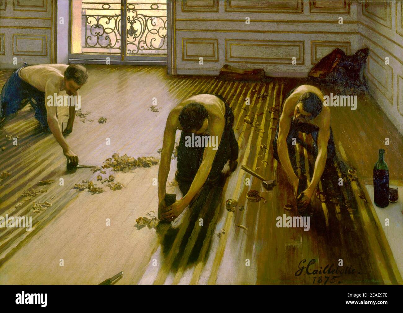 Opere d'arte vintage di Gustave Caillebotte dal titolo The Floor Scraper. I lavoratori scrapano un pavimento nelle opere d'arte presenti nella serie Art Club di Grayson. Foto Stock