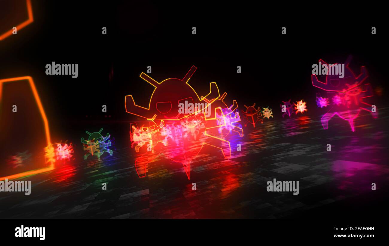 Simbolo del virus, protezione del computer, attacco informatico, antivirus, worm digitale e icona di bug. Illustrazione del rendering 3d del concetto astratto futuristico. Foto Stock