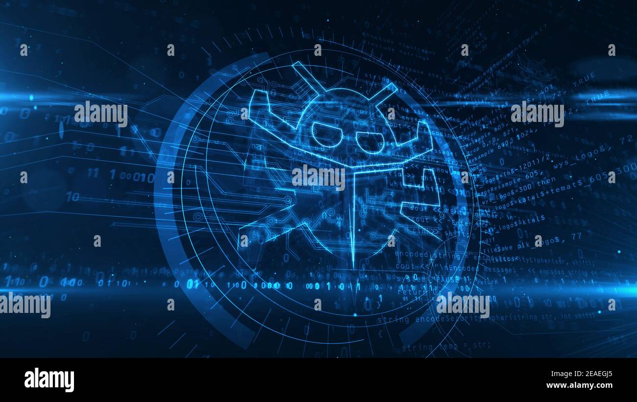 Simbolo del virus, protezione del computer, attacco informatico, antivirus, worm digitale e icona di bug. Illustrazione del rendering 3d del concetto astratto futuristico. Foto Stock