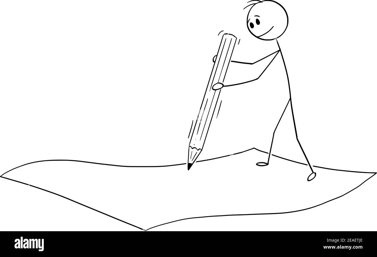 Uomo d'affari o uomo che scrive con la matita su foglio di carta, accordo di firma, figura vettoriale del bastone del cartone animato o illustrazione del carattere. Illustrazione Vettoriale