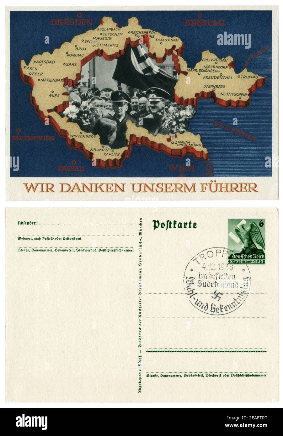 Cartolina storica tedesca: Plebiscito sull'adesione del Sudetenland. Annessione di parti della Cecoslovacchia. 29 settembre 1938, lato opposto Foto Stock