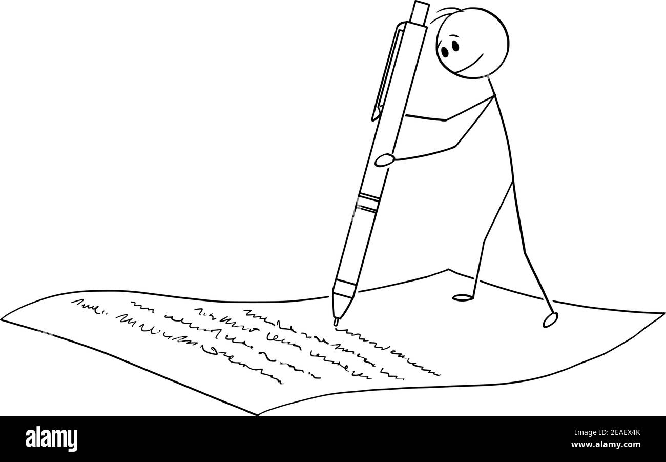 Uomo d'affari o uomo che scrive con la penna su foglio di carta, accordo di firma, figura vettoriale del bastone del cartone animato o illustrazione del carattere. Illustrazione Vettoriale
