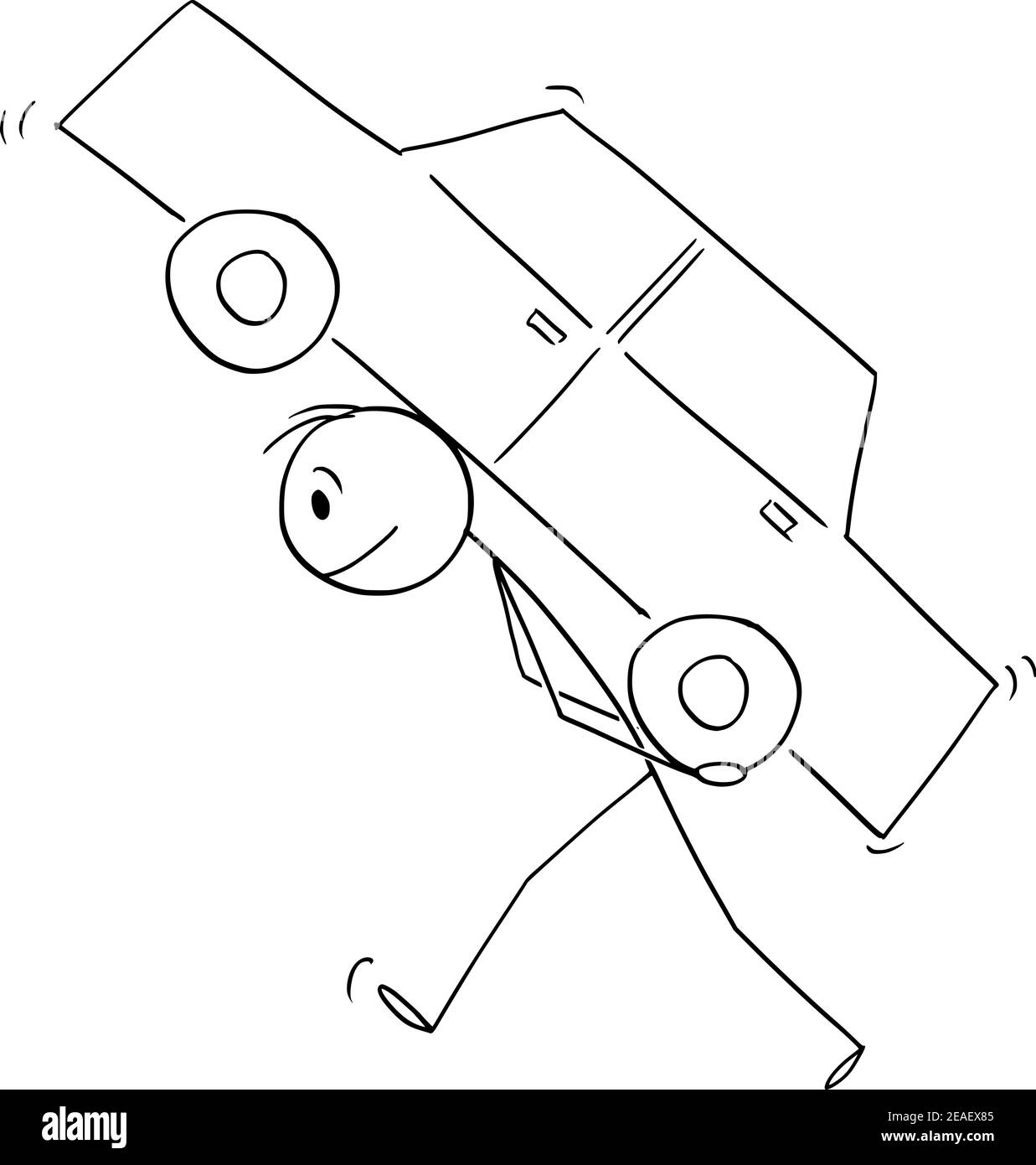 Uomo o conducente che porta l'auto sulla schiena, concetto di trasporto, personaggio cartoon vettoriale o illustrazione del personaggio. Illustrazione Vettoriale