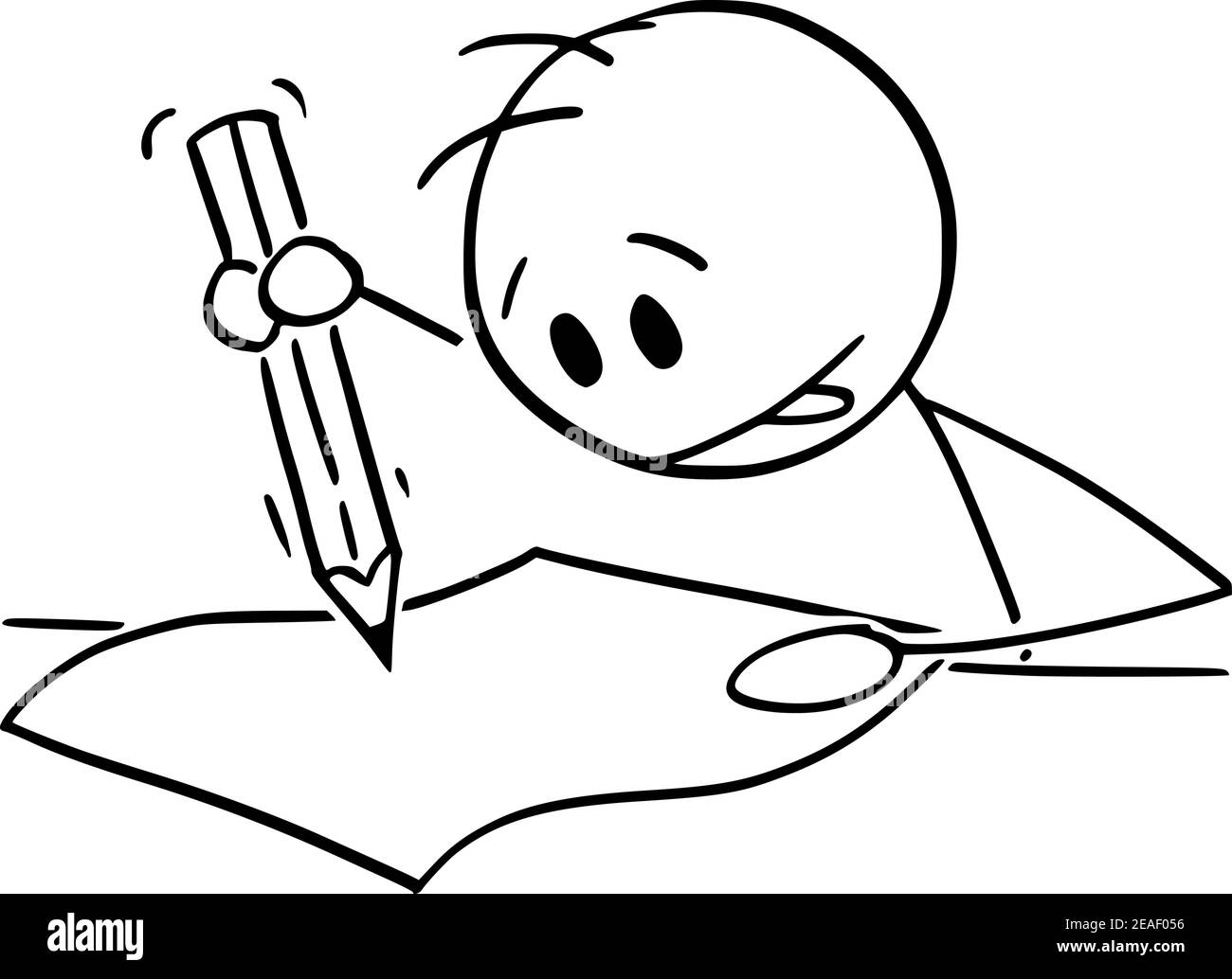Disegno o scrittura dell'uomo creativo con la matita su foglio bianco di carta, figura del bastone del cartone animato vettoriale o illustrazione del carattere. Illustrazione Vettoriale