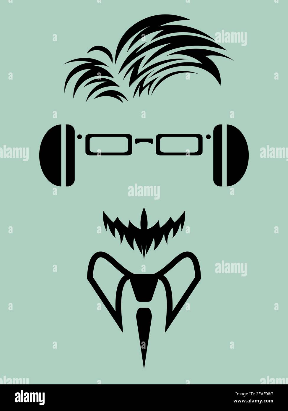 uomo senza volto con barba in occhiali e cuffie in dim sfondo turchese Illustrazione Vettoriale