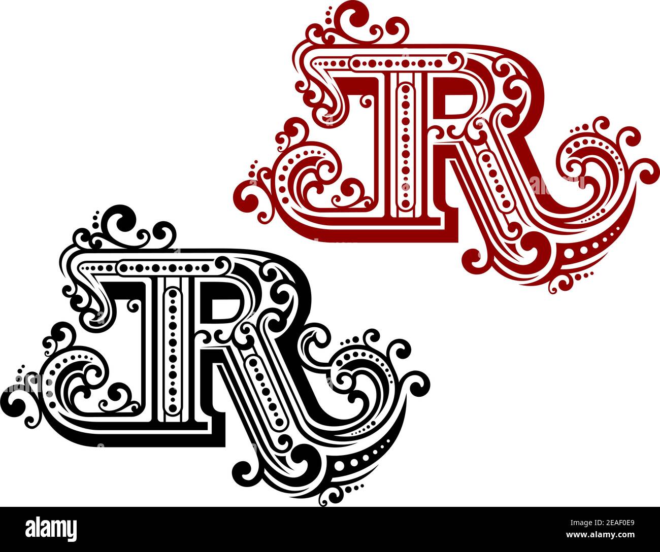 Lettera R vintage con elementi ornamentali in stile retrò Illustrazione Vettoriale