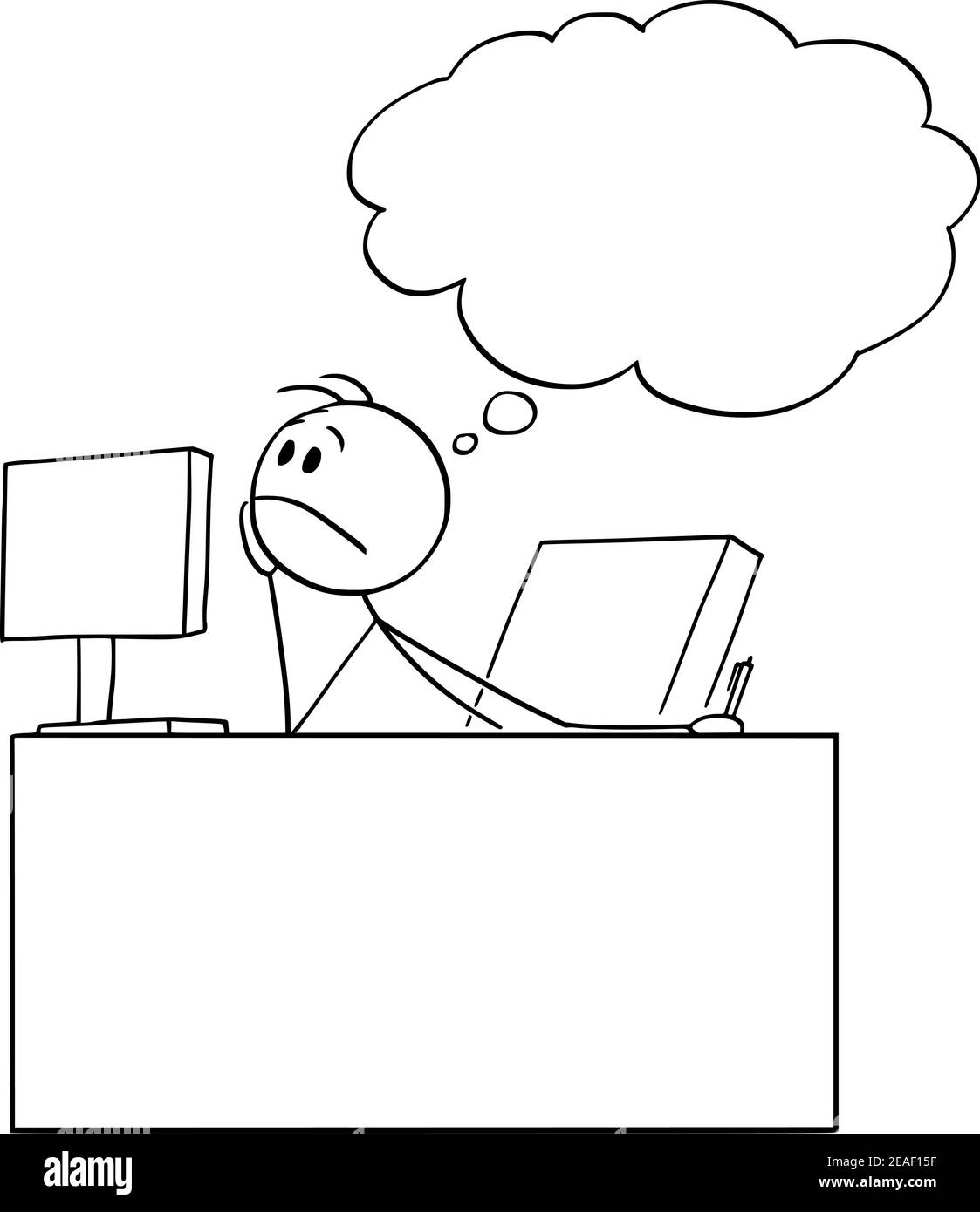 Annoiato o stanco lavoratore di ufficio o uomo d'affari sognando o pensando, cartoon vettore figura stick o illustrazione di carattere. Illustrazione Vettoriale