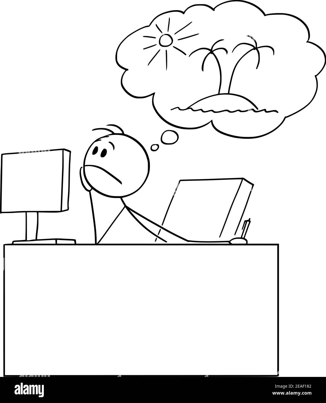 Annoiato o stanco lavoratore di ufficio o uomo d'affari sognando o pensando alla vacanza, vettore cartoon figura stick o illustrazione di carattere. Illustrazione Vettoriale
