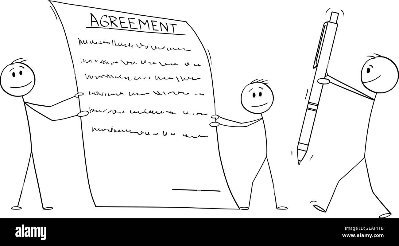 Due uomini o uomini d'affari in possesso di un contratto o di un accordo per firmare, cartoni animati vettoriali figura o illustrazione di carattere. Illustrazione Vettoriale