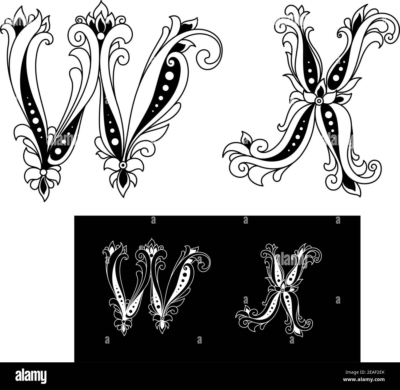 Titolo lettere retrò W e X in stile floreale Illustrazione Vettoriale