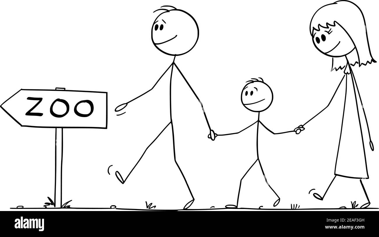 I genitori con il figlio o la famiglia che camminano allo zoo, alla figura del cartoon vettoriale o all'illustrazione del personaggio. Illustrazione Vettoriale