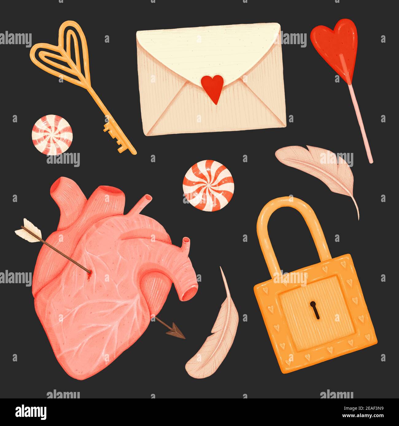 Set per San Valentino. Chiave, serratura, caramelle, piume di uccello, busta e cuore trafitto con freccia su uno sfondo nero Foto Stock