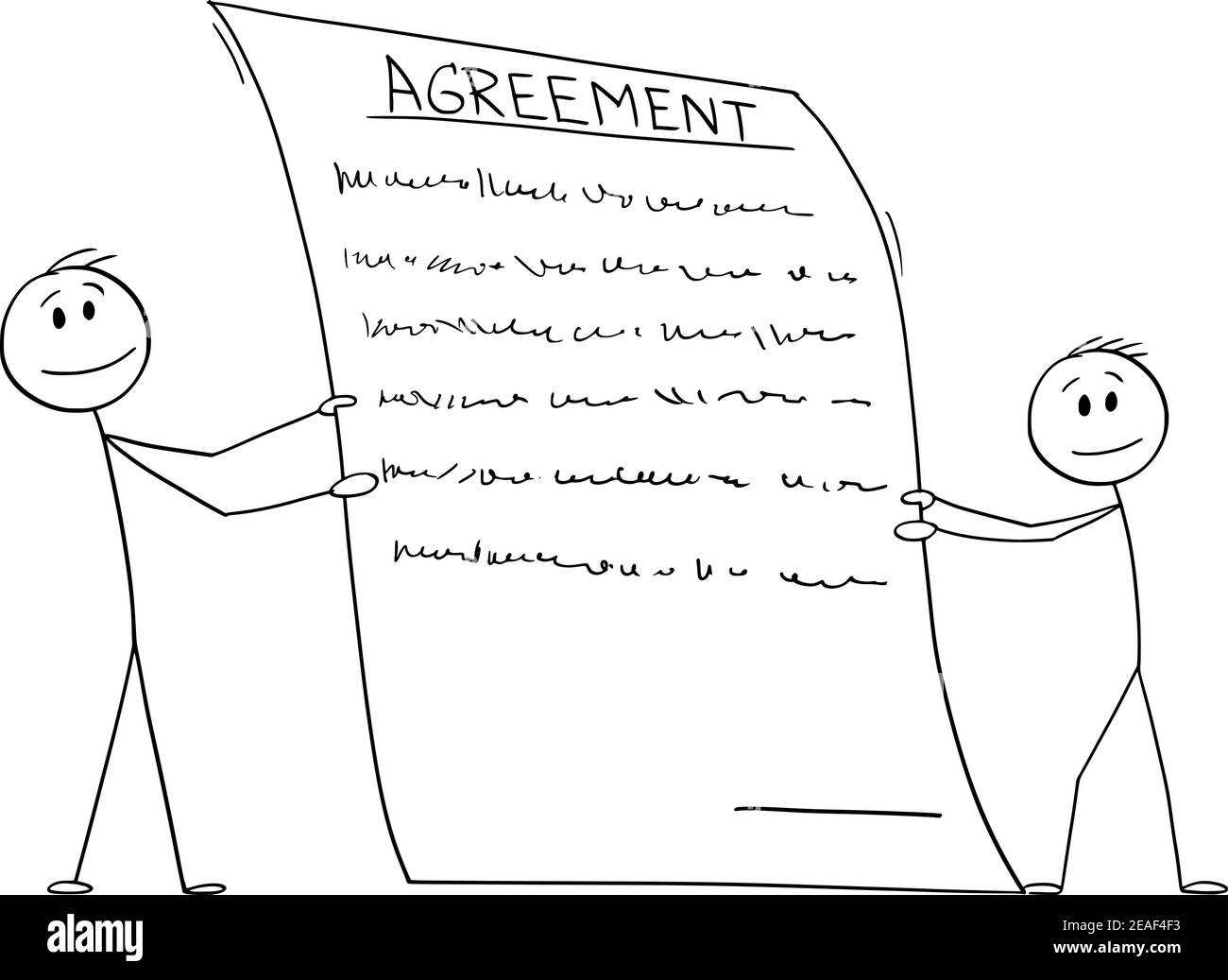 Due uomini o uomini d'affari in possesso di un contratto o di un accordo per firmare, cartoni animati vettoriali figura o illustrazione di carattere. Illustrazione Vettoriale