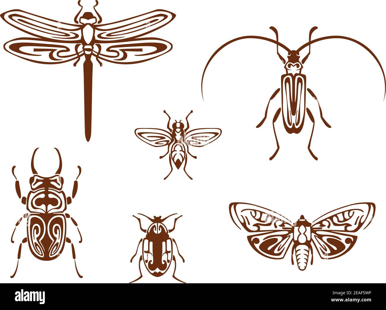 Insetti in stile tribale ornamentale per il disegno del tatuaggio. Dragonfly, farfalla, ape, bug e gracshopper Illustrazione Vettoriale