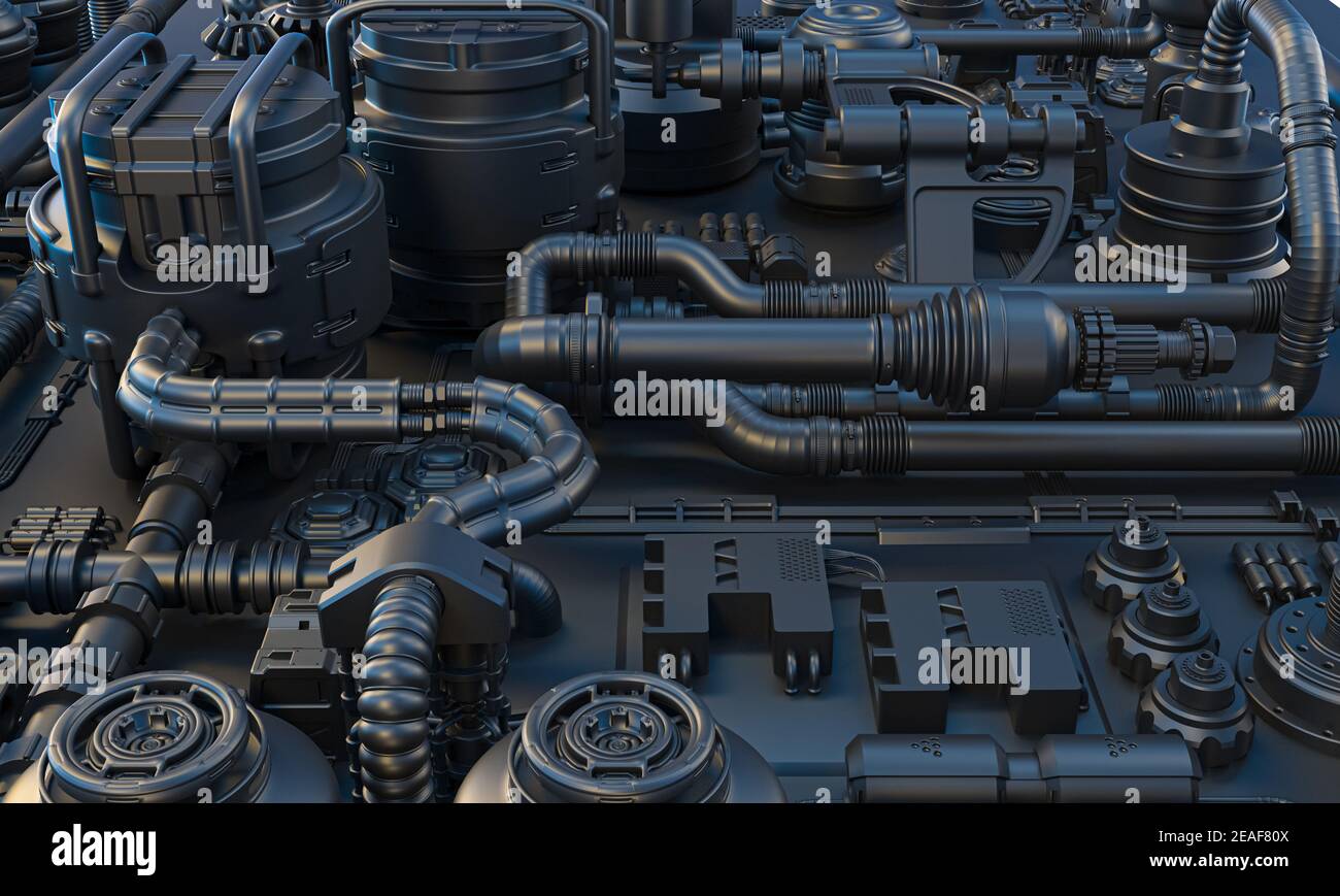 sci-fi sfondo con cavi, tubi e apparecchiature elettroniche in tonalità scure. rendering 3d. Foto Stock