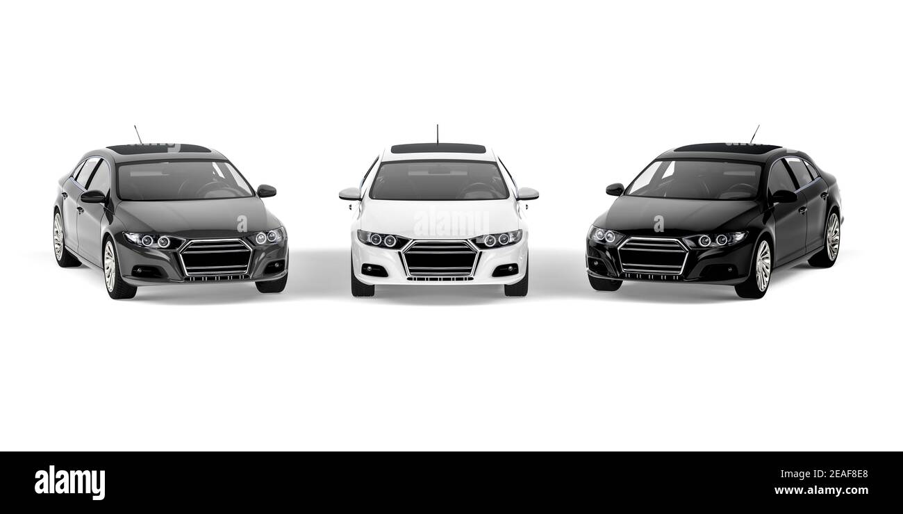 Berlina in tre colori metallizzati, grafite, bianco e nero su sfondo bianco - vista frontale - rendering 3D Foto Stock