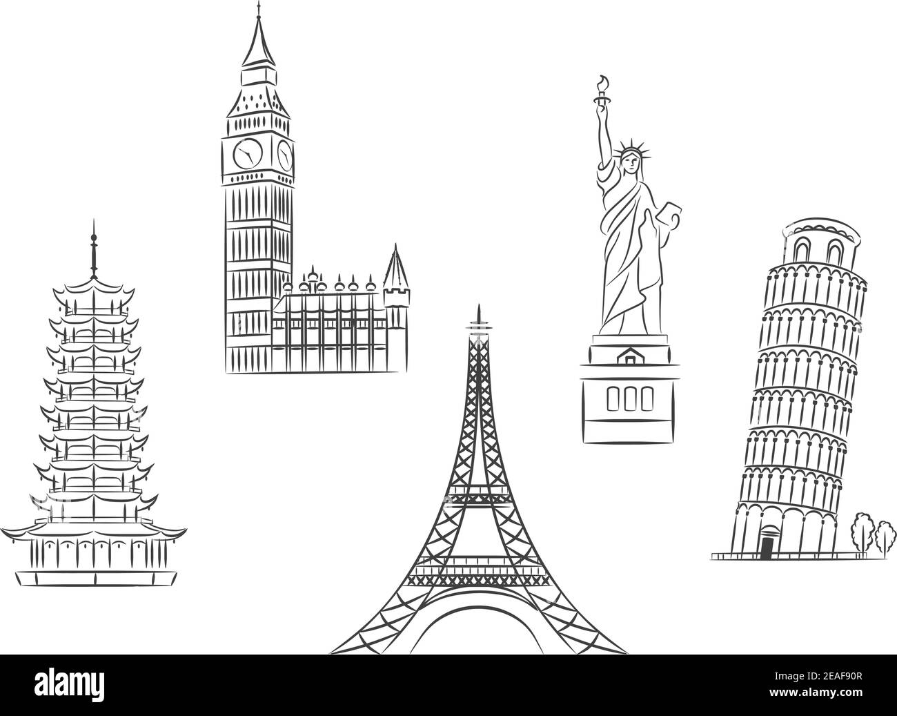 I punti di riferimento del viaggio sono impostati nello stile dello schizzo per il viaggio e il viaggio progettazione concettuale Illustrazione Vettoriale