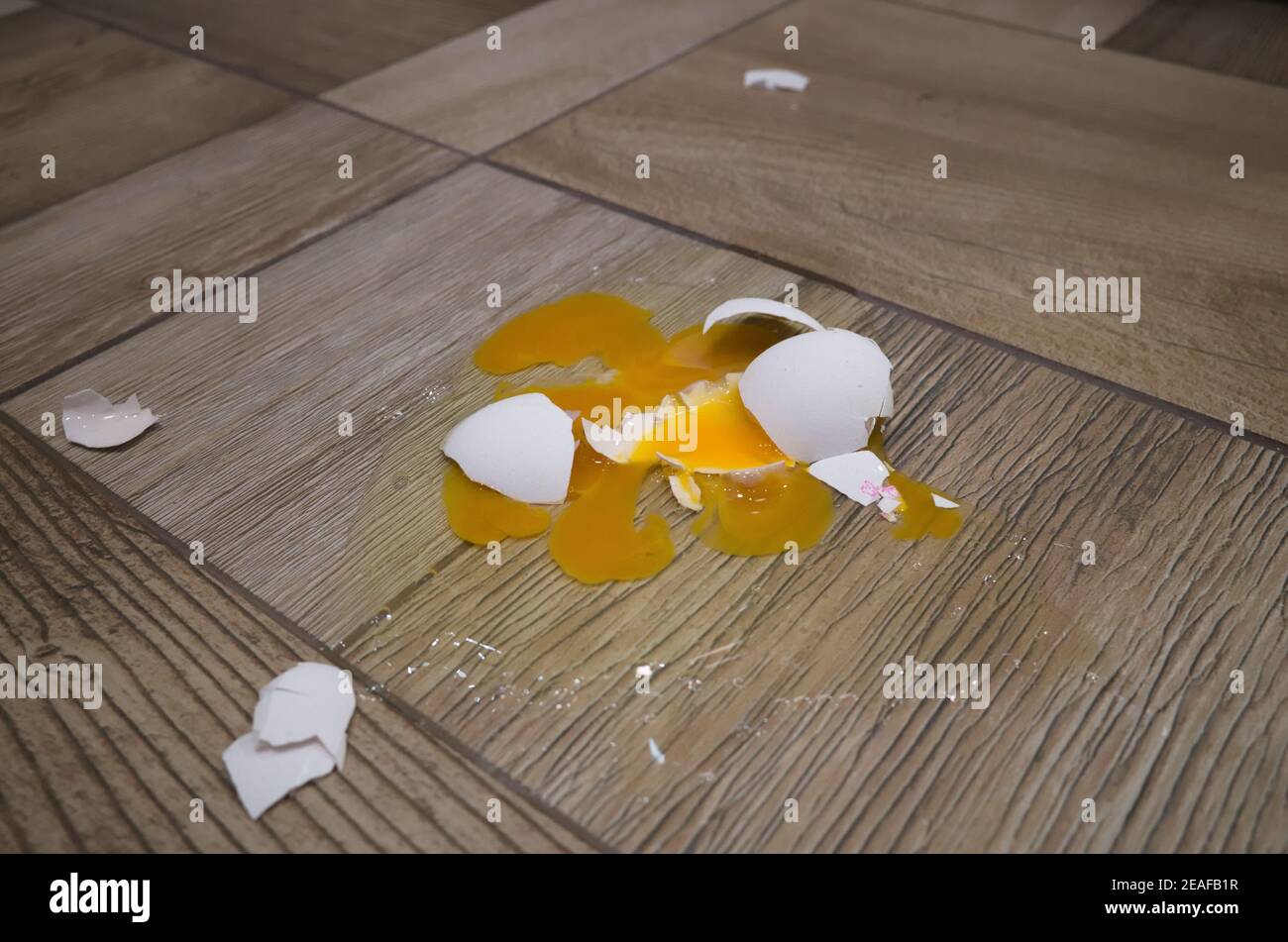 Uovo fresco rotto nel pavimento della cucina. La caduta dell'uovo si è rotta e si trova sul pavimento delle piastrelle. Foto Stock
