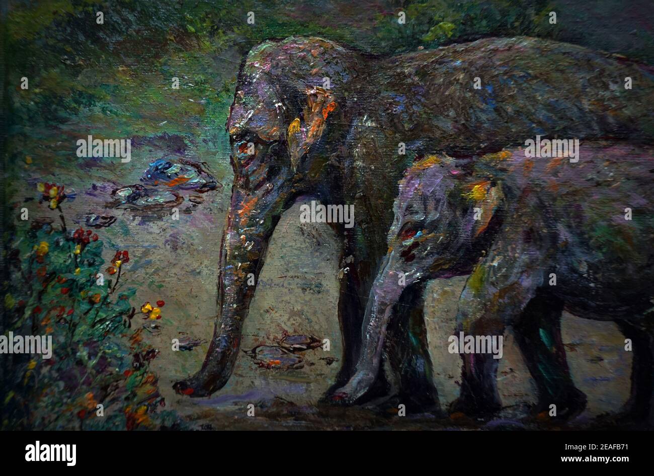 Arte, pittura, colore dell'olio, Elefante, famiglia, thailandia Foto Stock