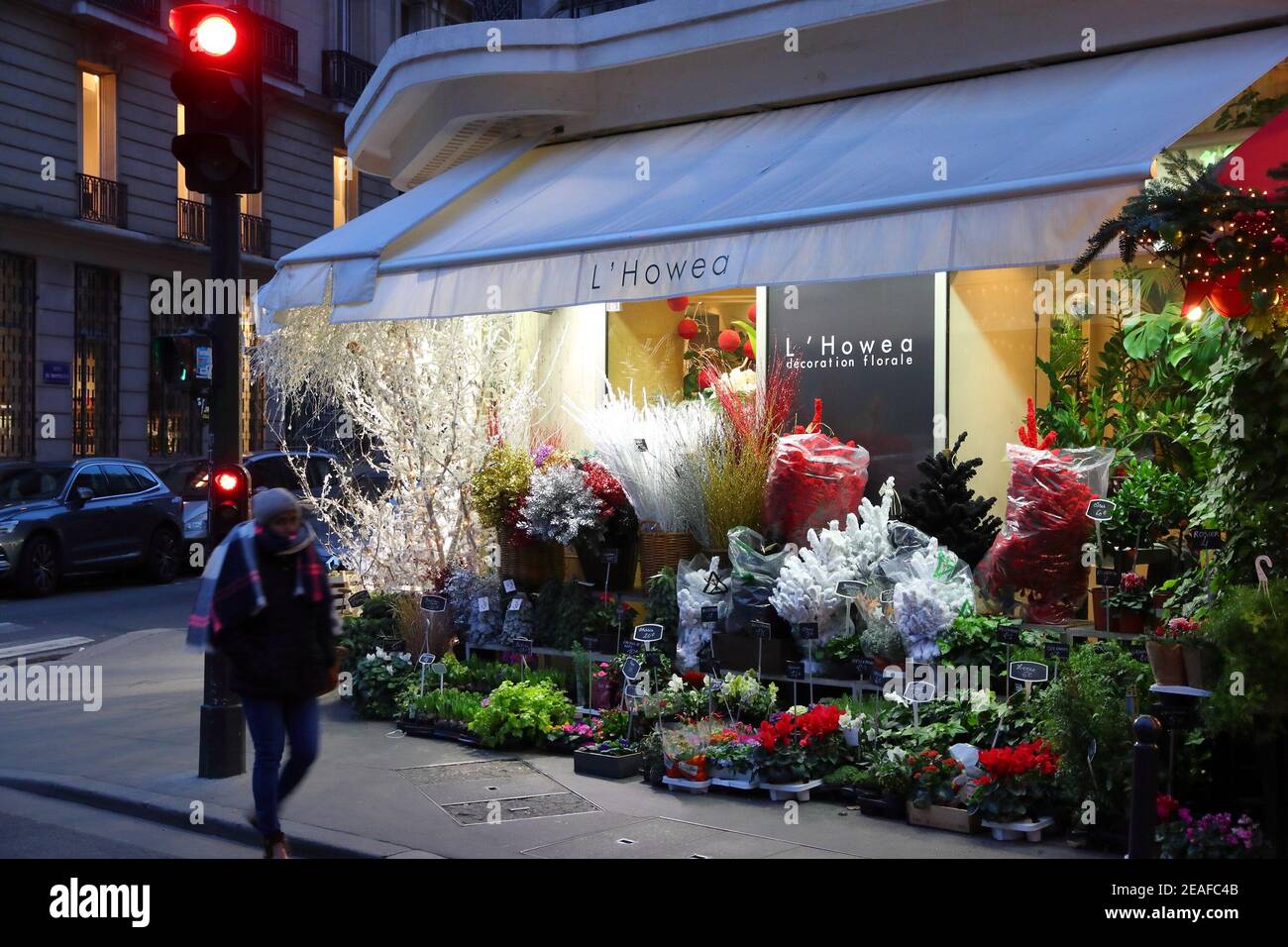 PARIGI, FRANCIA - 10 DICEMBRE 2019: Una persona cammina in un negozio di fiori nel settimo arrondissement di Parigi, Francia. Parigi è la città più grande della Francia, con 12. Foto Stock