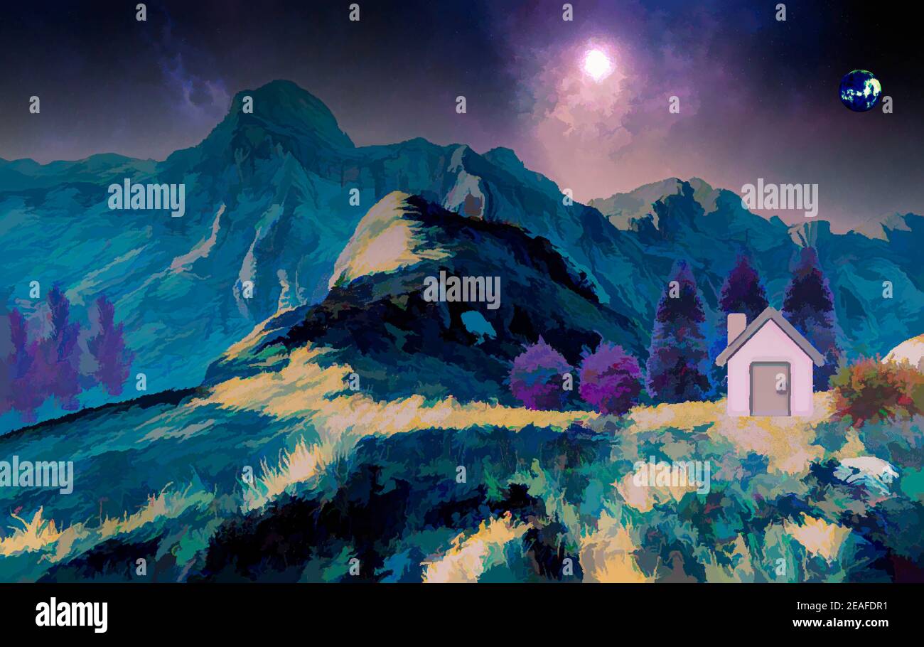 Illustrazione di uno strano pianeta bluastro con due lune. Foto Stock