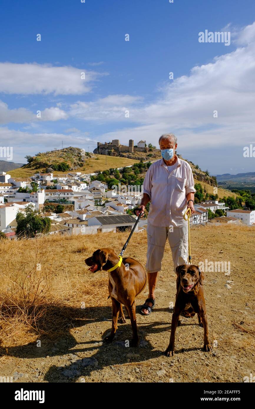 Esercizio cani da caccia di coniglio sulla collina di una città rurale con castello moresco sullo sfondo. Carcabuey, Sierras Subbeticas, Andalusia, Spagna Foto Stock