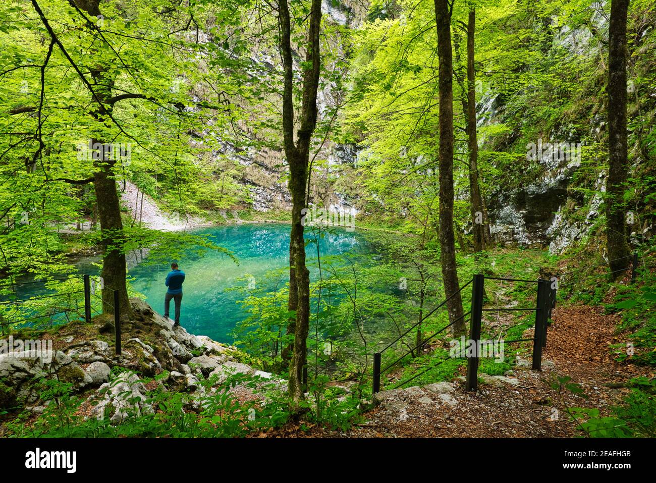L'uomo gode di una vista sul lago selvaggio vicino a Idrija Foto Stock