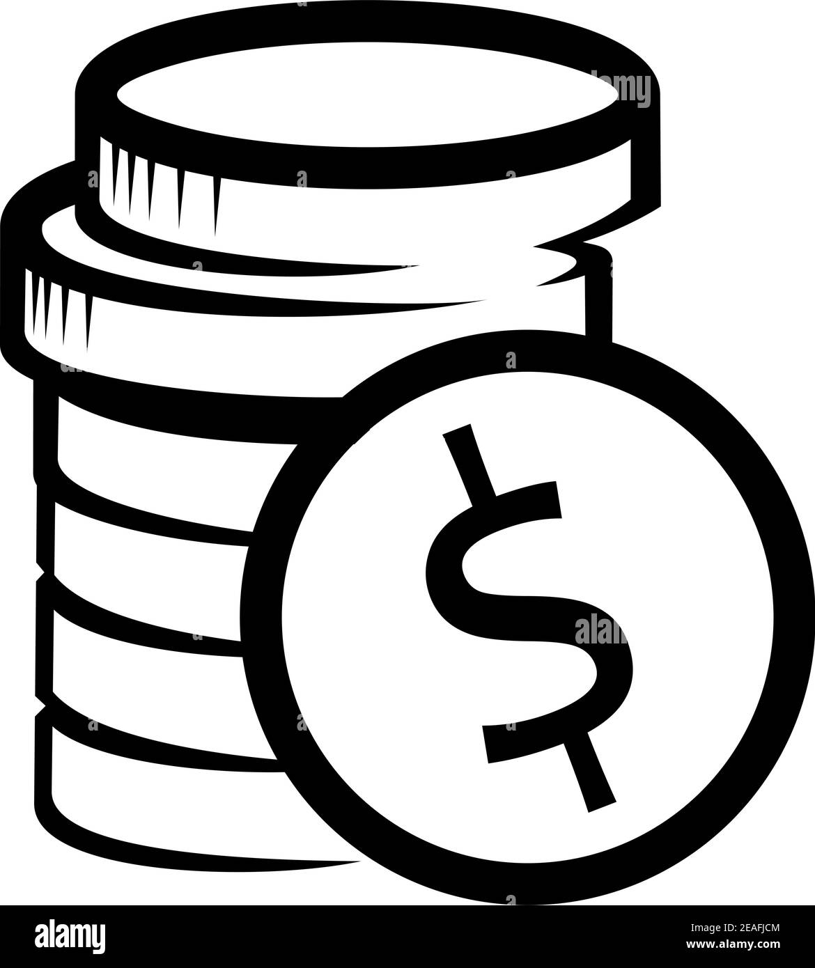 Schizzo bianco e nero di una pila di dollari monete con una moneta in piedi in posizione verticale di fronte allo spettatore con un segno del dollaro Illustrazione Vettoriale