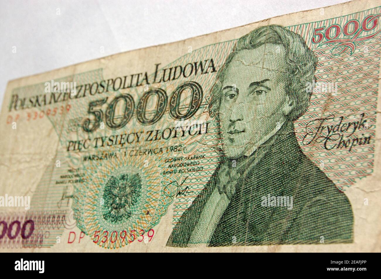 Vista di una banconota da 5000 Zloty polacca che mostra il compositore Chopin. Foto Stock