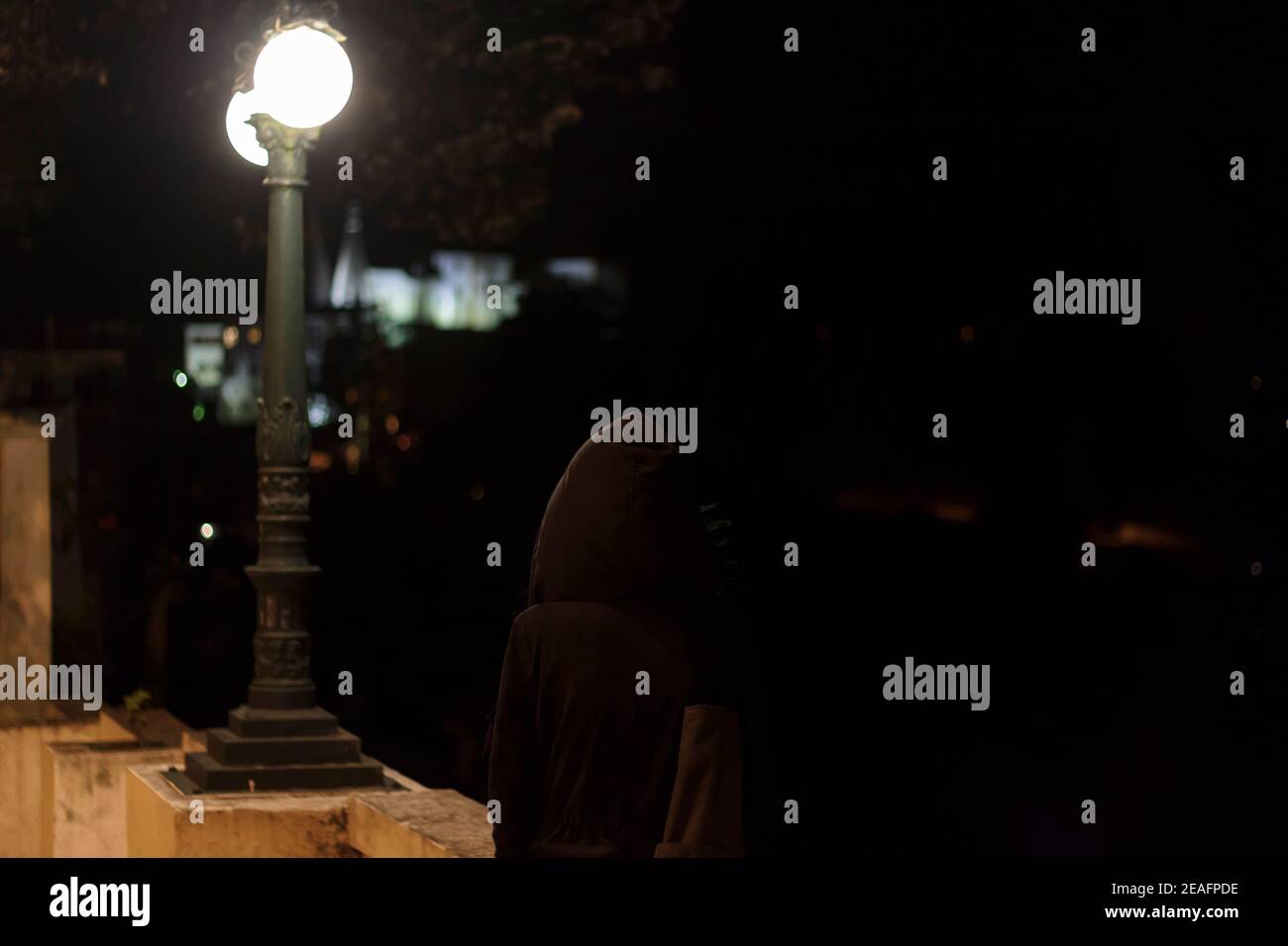 Vista posteriore della donna con cappotto nero che cammina sulla strada di notte Foto Stock