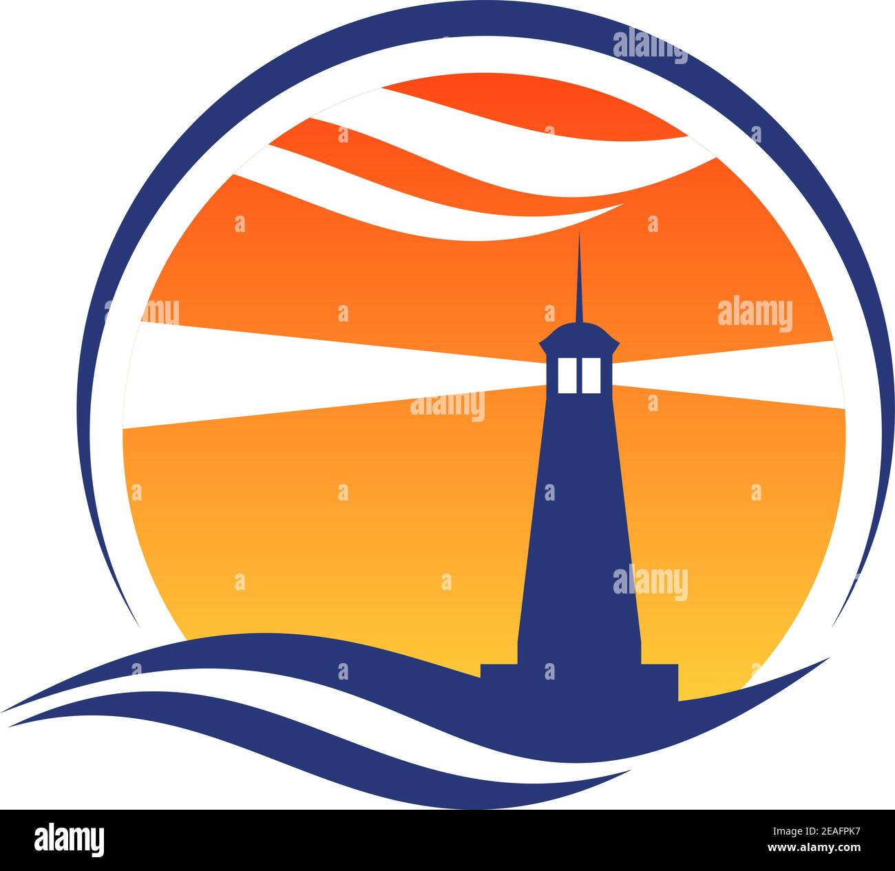 Icona del faro al tramonto con raggi di luce che brillano un cielo arancione da un faro dalla silhouette con un oceano onda sotto Illustrazione Vettoriale