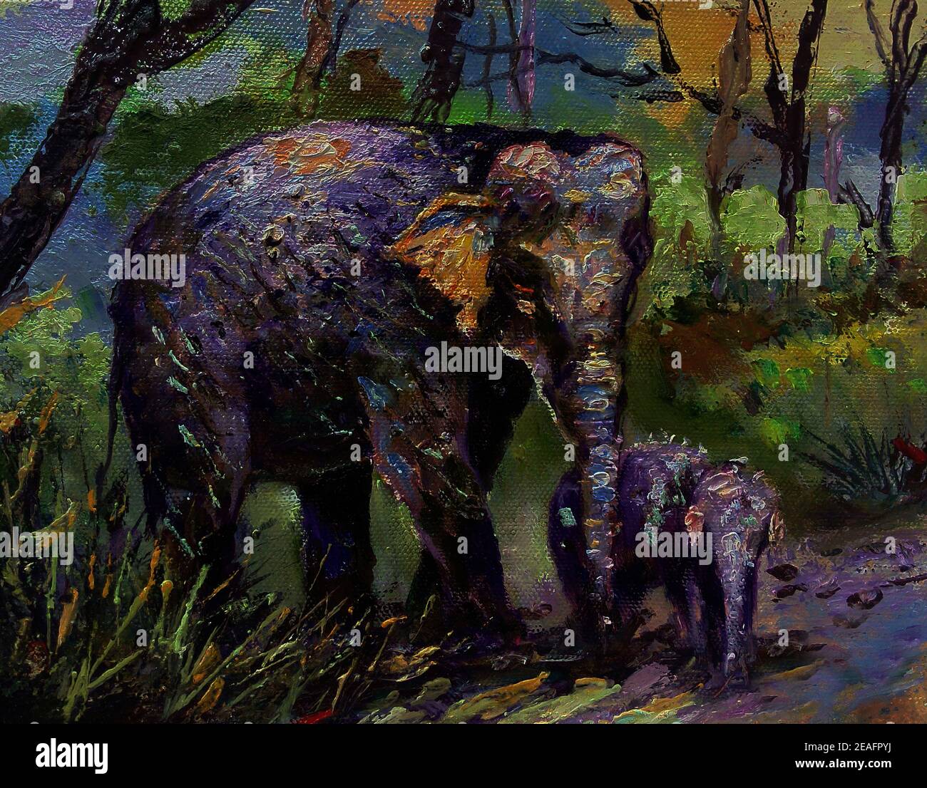 Arte, pittura, colore dell'olio, Elefante, famiglia, thailandia Foto Stock