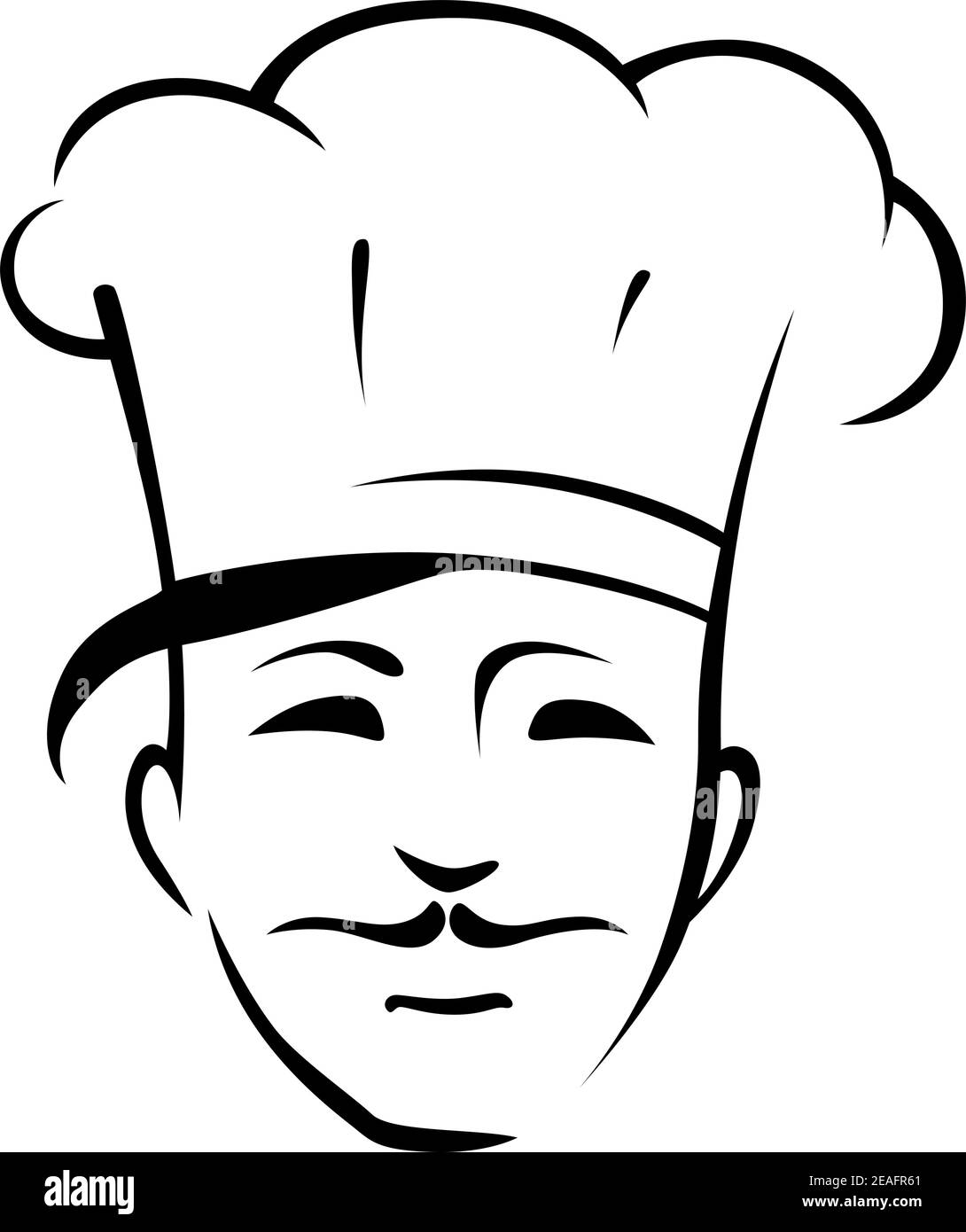 Capo di un bel giovane chef sorridente con baffi e un tocco tradizionale, nero e bianco contorno vettoriale doodle illustrazione schizzo Illustrazione Vettoriale