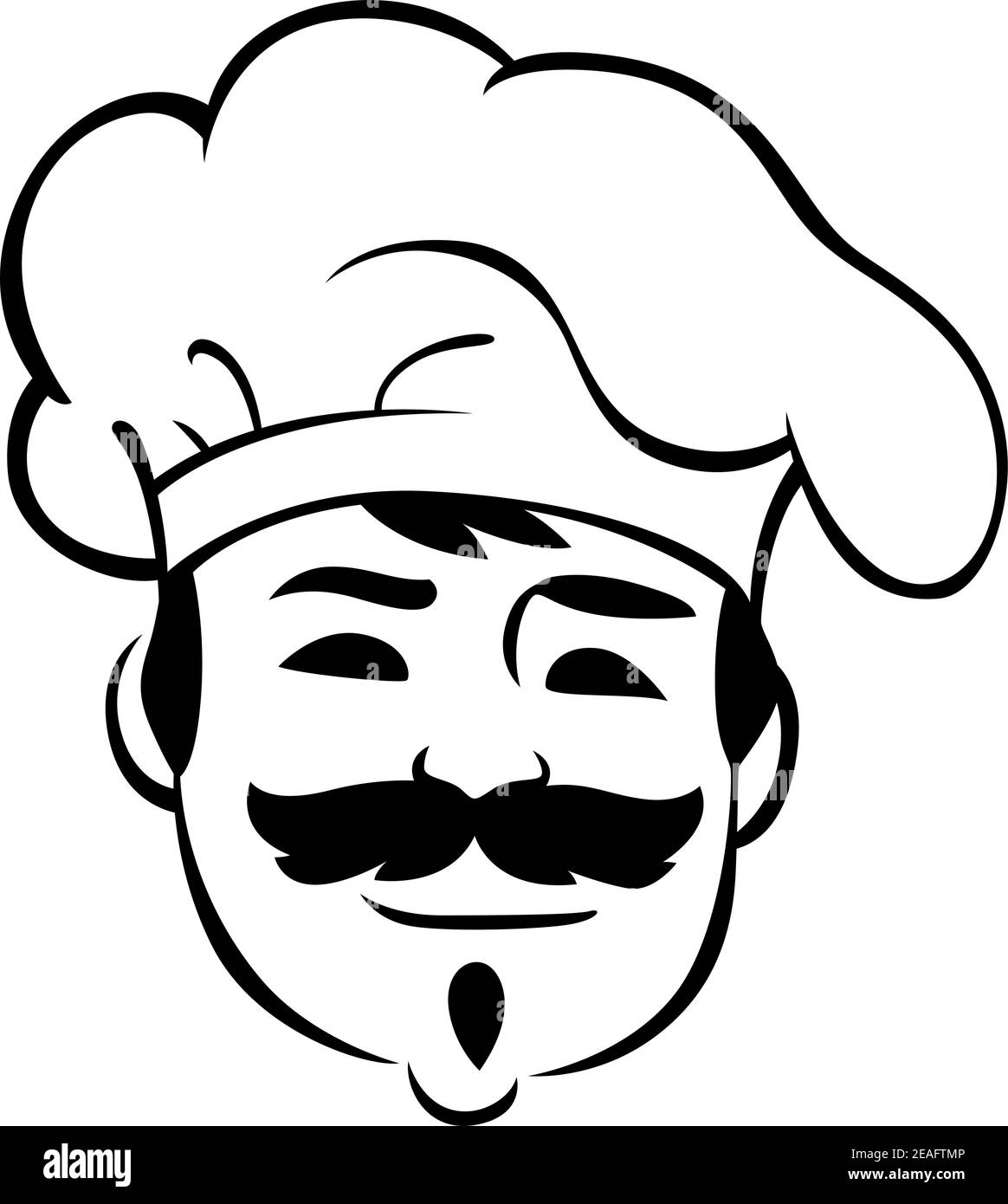 Chef sorridente che indossa un cappellino tradizionale o un cappello in tessuto bianco con baffi grossi e baffi bianchi e neri Illustrazione Vettoriale