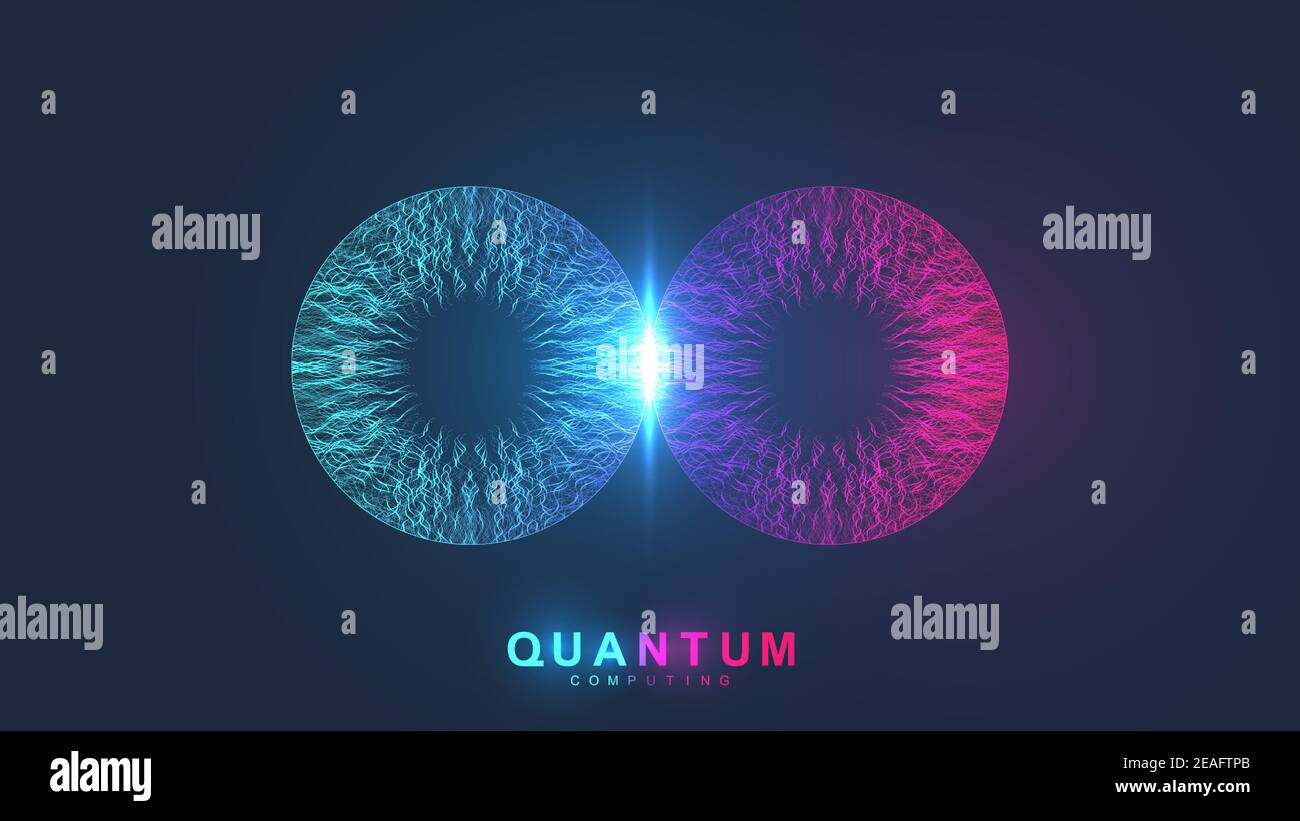 Sistemi di elaborazione Quantum. Fisica quantistica. Intelligenza artificiale di apprendimento profondo. Visualizzazione degli algoritmi dei big data, illustrazione vettoriale Illustrazione Vettoriale