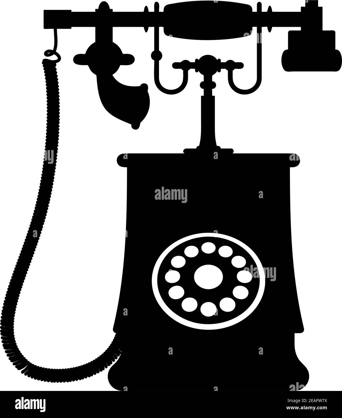 Immagine in bianco e nero di un telefono a manopola vintage con trasmettitore e ricevitore, isolato su sfondo bianco Illustrazione Vettoriale