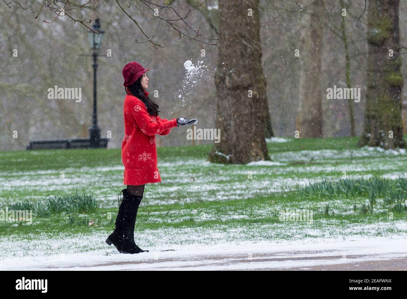 Londra, Regno Unito. 9 febbraio 2021. UK Weather: Una donna che gioca con la neve in Green Park durante le luci della neve mentre il freddo portato avanti da Storm Darcy continua. Credit: Stephen Chung / Alamy Live News Foto Stock