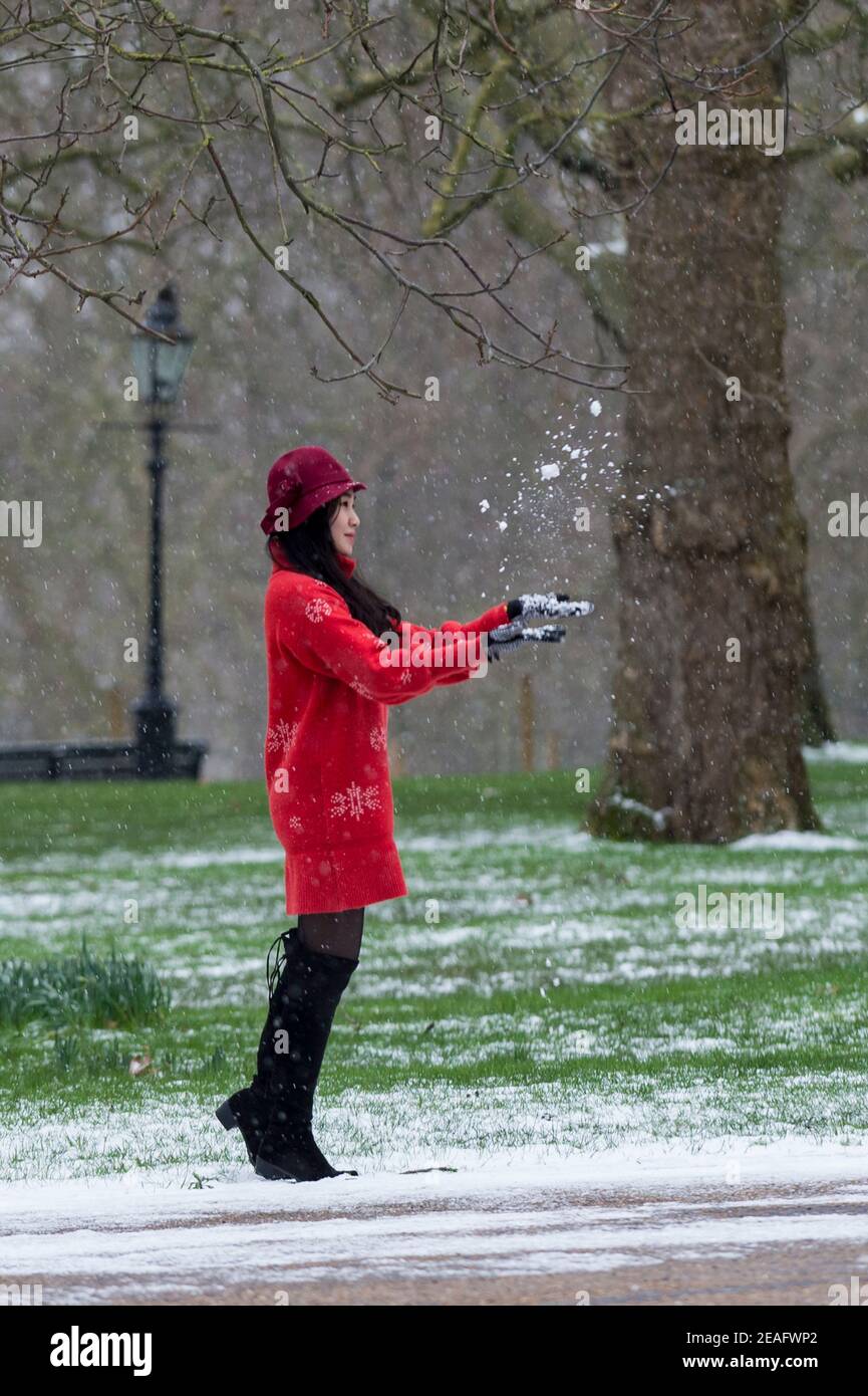 Londra, Regno Unito. 9 febbraio 2021. UK Weather: Una donna che gioca con la neve in Green Park durante le luci della neve mentre il freddo portato avanti da Storm Darcy continua. Credit: Stephen Chung / Alamy Live News Foto Stock