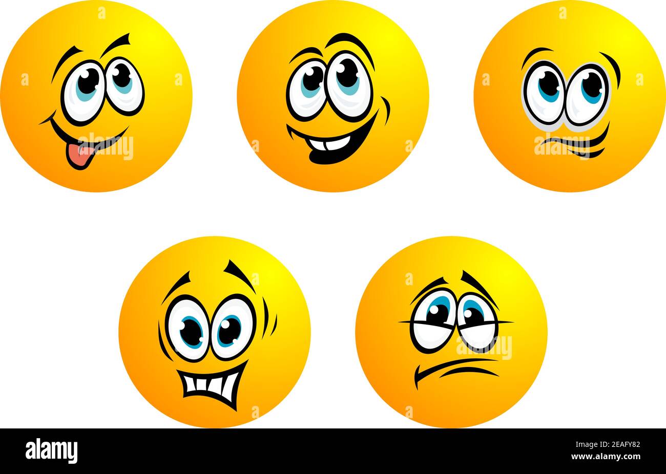Cinque simpatiche emoticon vettoriali rotonde gialle con occhi blu che mostrano una serie di espressioni tra cui paura, delusione, sillante, sorridente e laug toothy Illustrazione Vettoriale