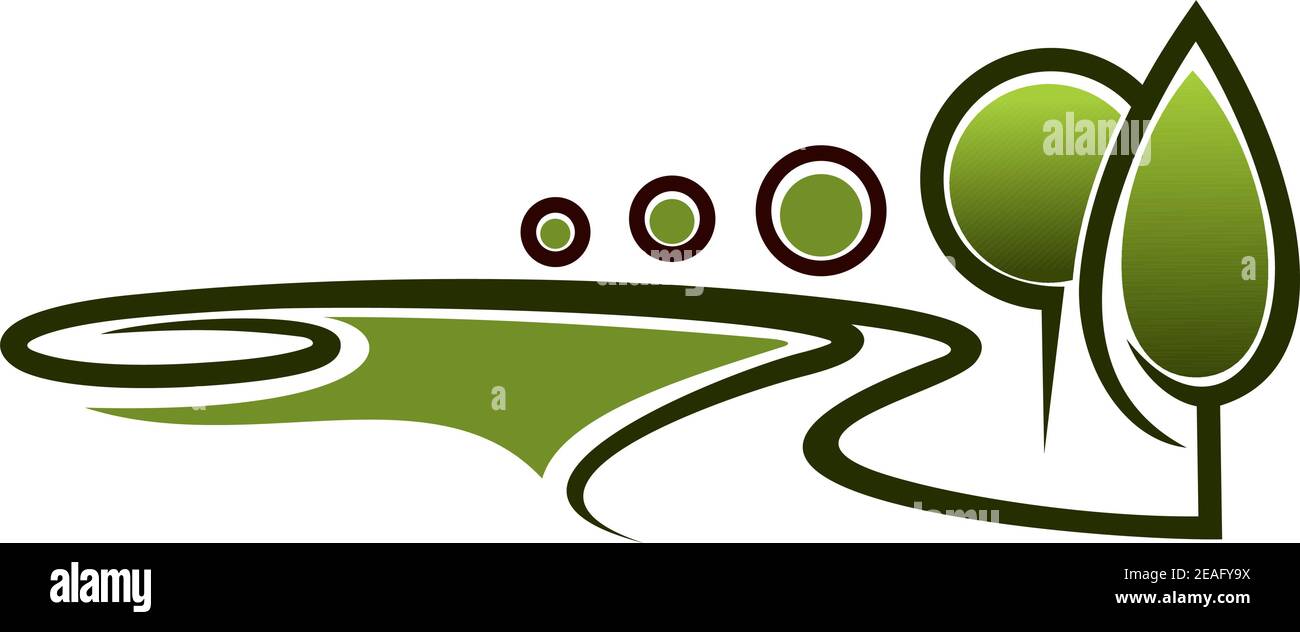 Simbolo astratto di una zona verde, con alberi, vicoli e erba, simbolo grafico di parchi o ambiente sano, isolato su sfondo bianco Illustrazione Vettoriale