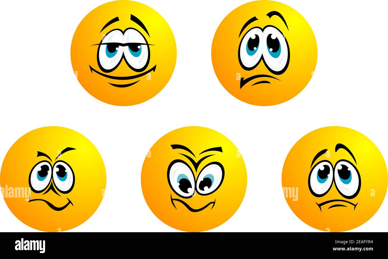 Cinque diversi emoticon e mood sorrisi per il design Illustrazione Vettoriale