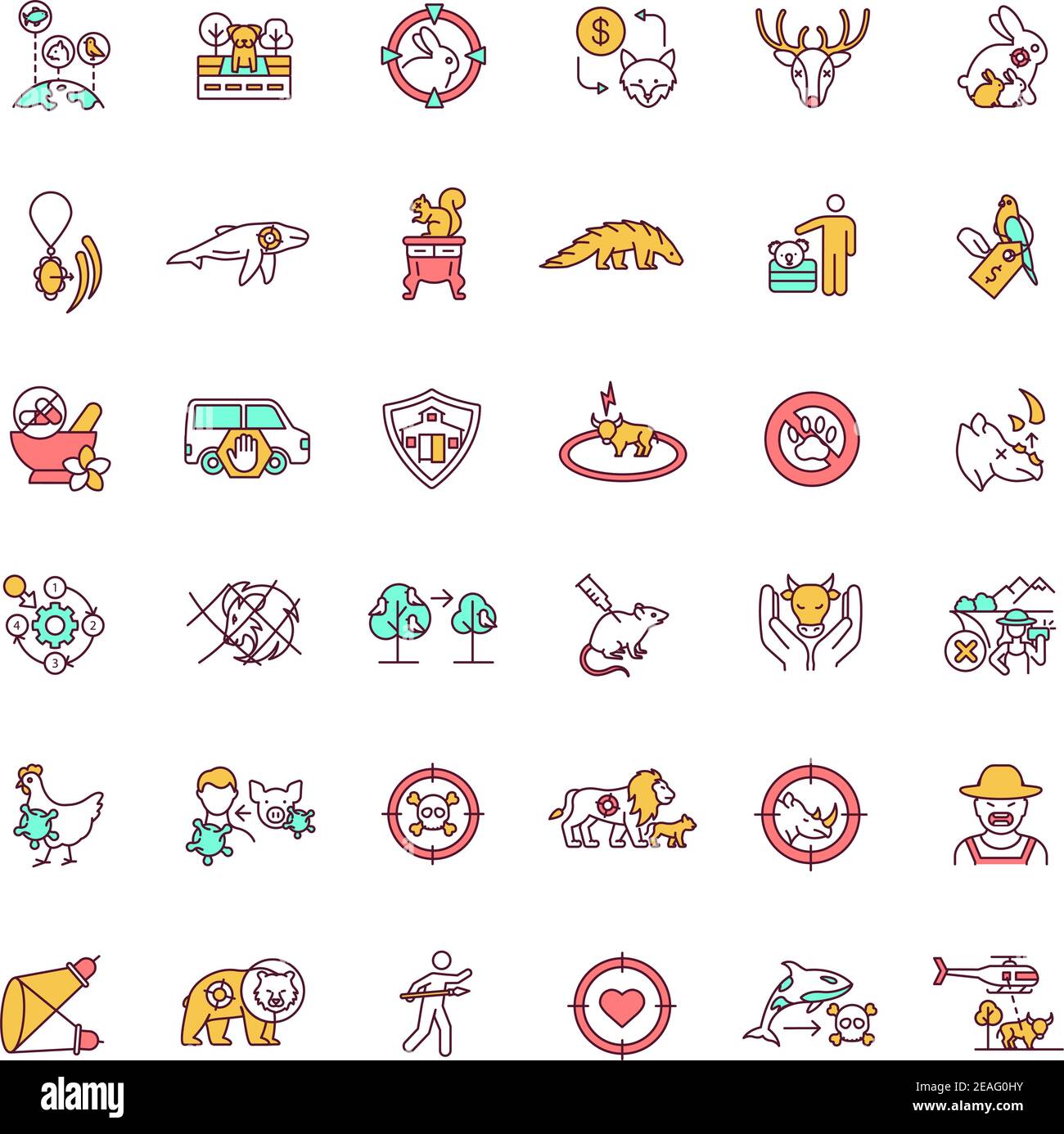 Abuso di animali e conservazione della fauna selvatica set di icone di colore RGB Illustrazione Vettoriale