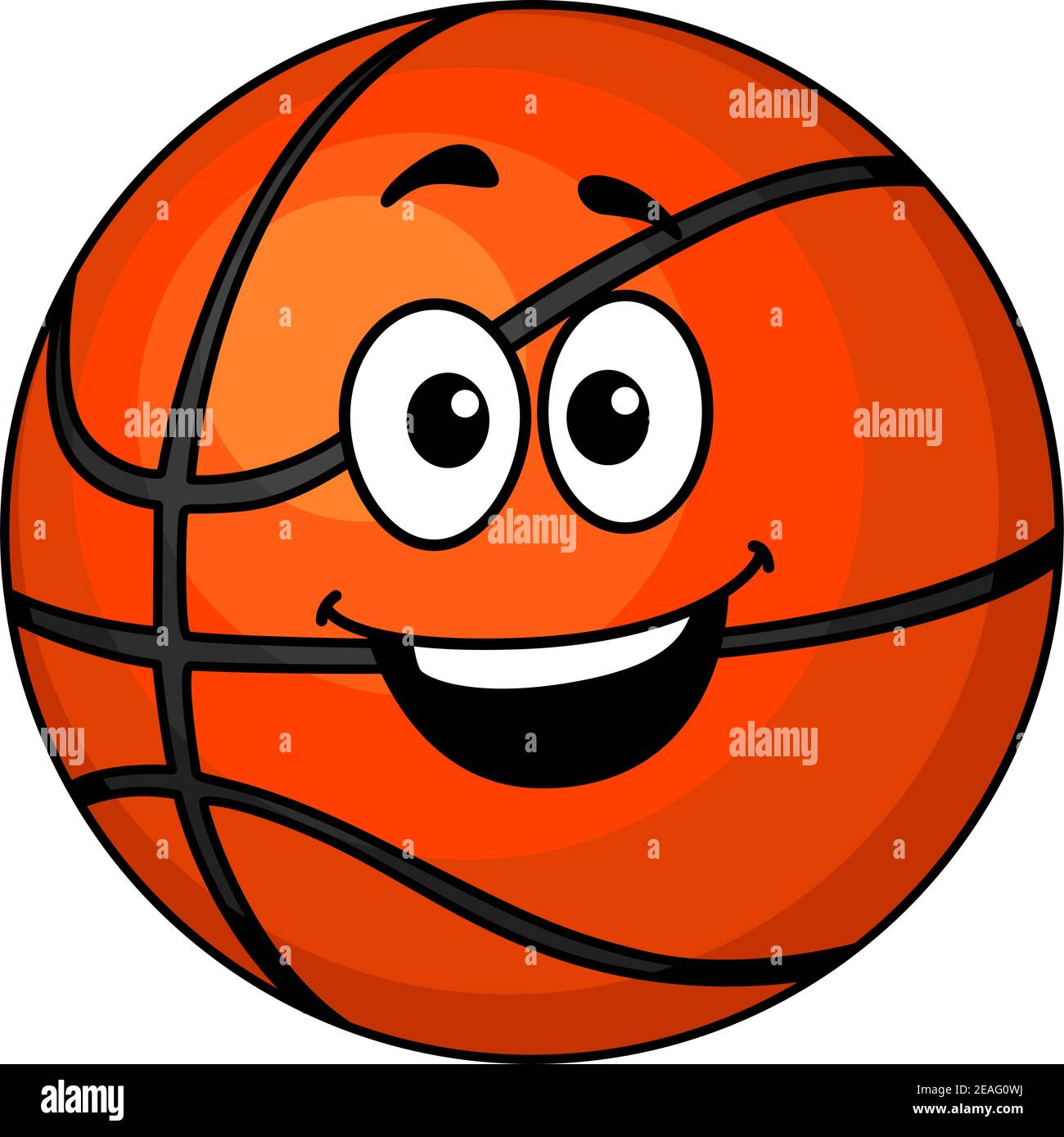 Cartoon felice palla da basket con un grande sorriso e occhi googly isolato su bianco, illustrazione vettoriale Illustrazione Vettoriale