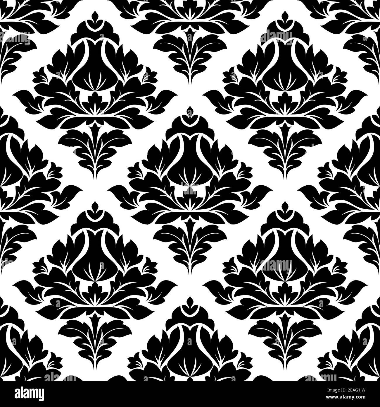 Illustrazione in bianco e nero di un arabesco floreale continuo e ripetuto modello con motivo a forma di diamante in formato quadrato adatto per i tessili Illustrazione Vettoriale