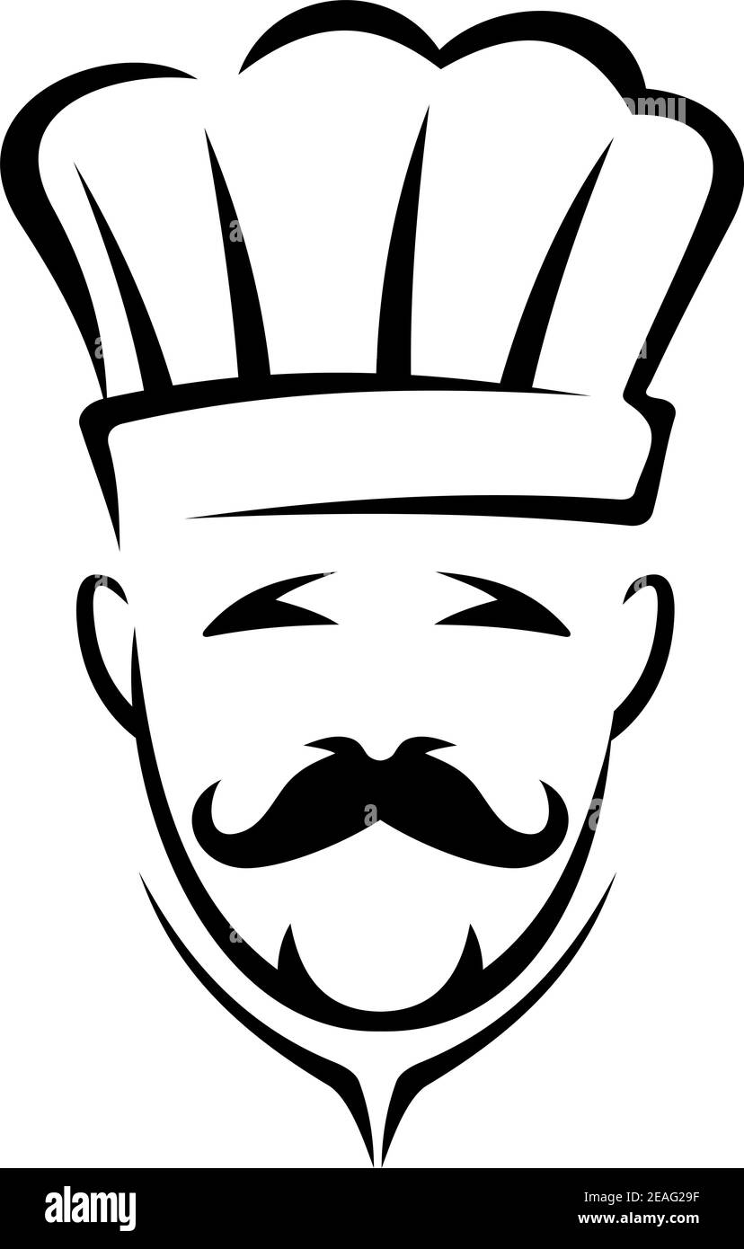 Icona stilizzata in bianco e nero di uno chef, completa di baffi e cappello bianco dello chef, isolato su sfondo bianco Illustrazione Vettoriale