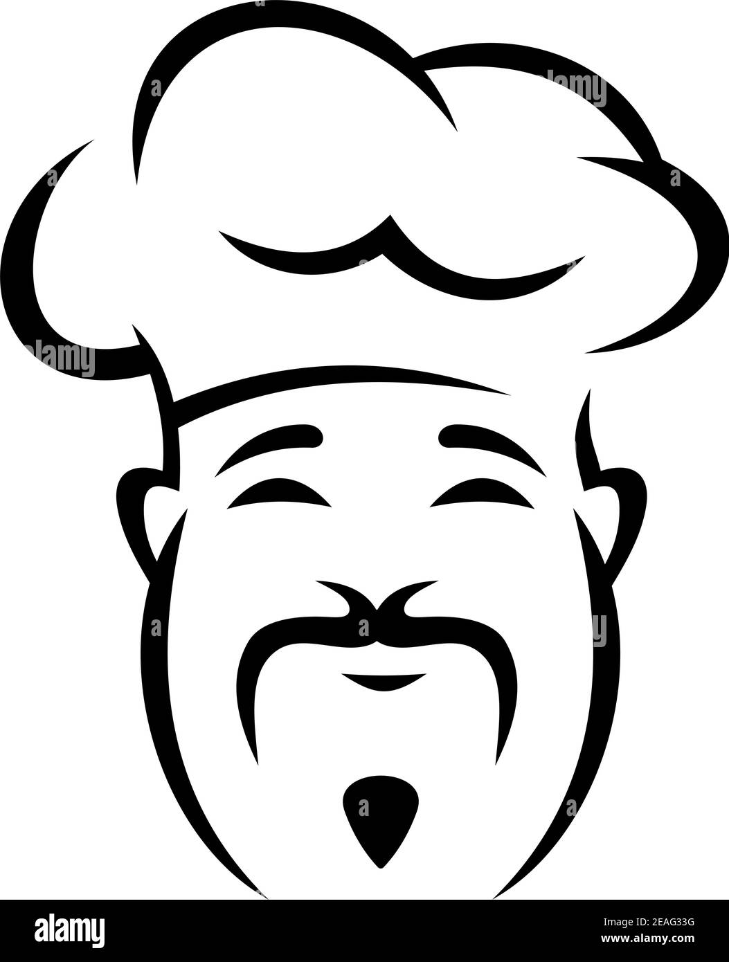 Bozzetto bianco e nero di un allegro chef cinese con baffi droopy che indossano un toque tradizionale Illustrazione Vettoriale