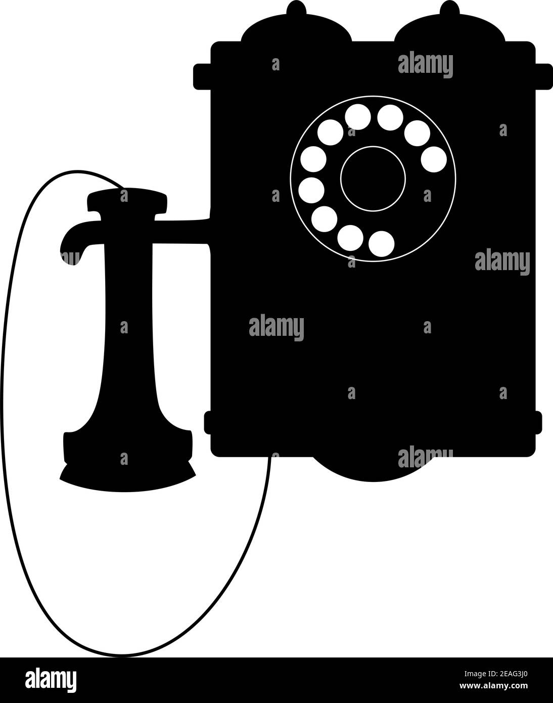 Telefono rotativo vintage con boccaglio appeso accanto alla scatola con le sue campane, illustrazione vettoriale Illustrazione Vettoriale