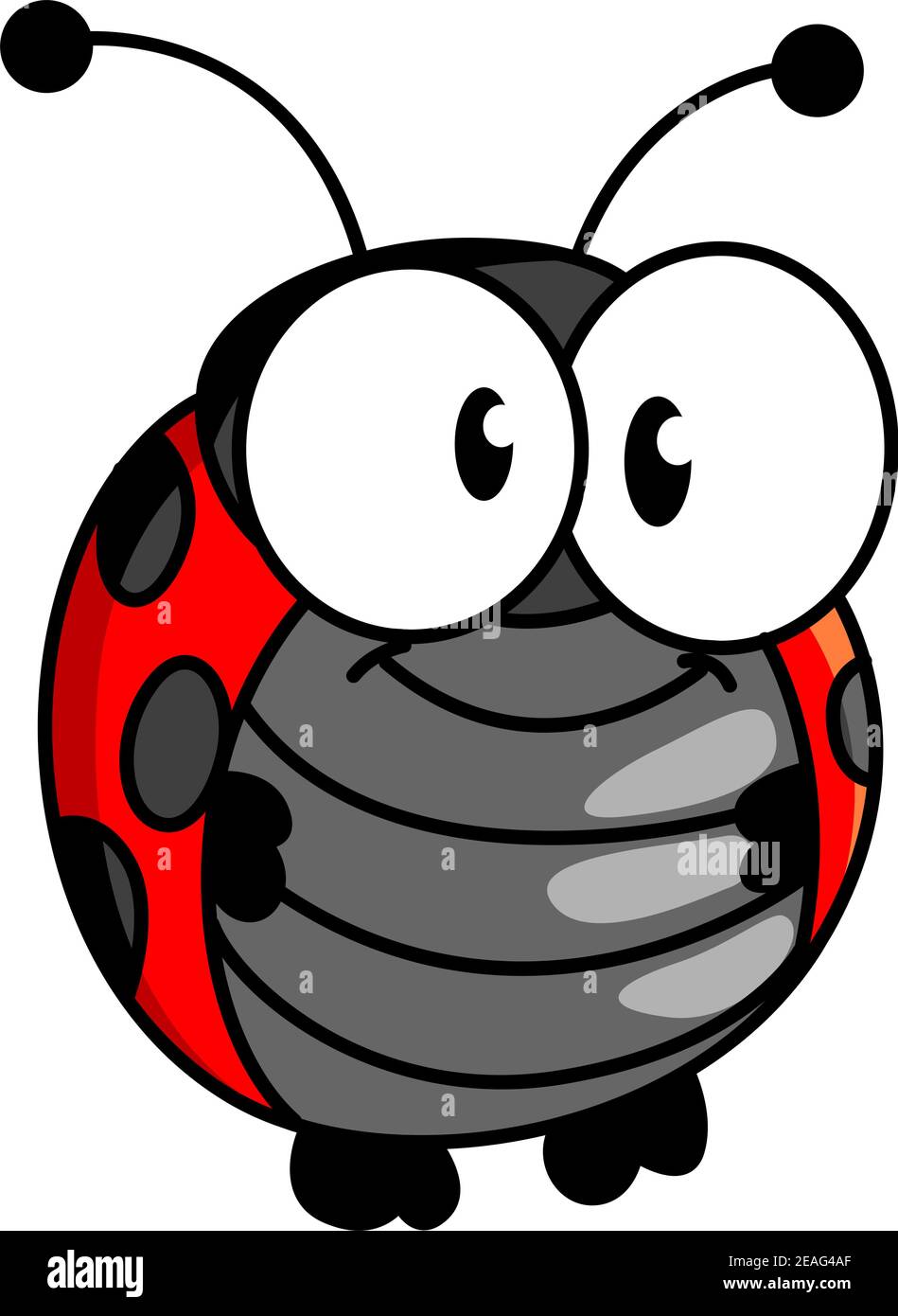 Rosso e nero macchiato sorridendo felice piccolo ladybug o ladybird in stile cartone animato in posizione verticale con grandi occhi rotondi sopra bianco Illustrazione Vettoriale